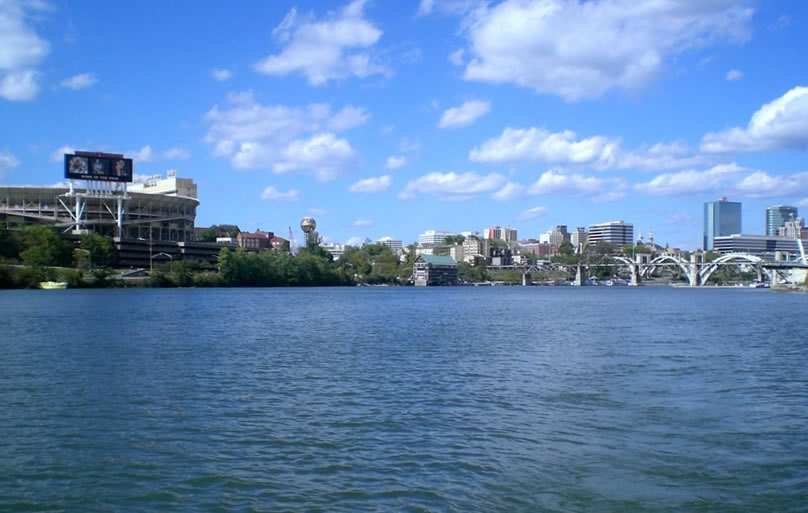 Lakefront views of Neyland Stadium and Downtown Knoxville